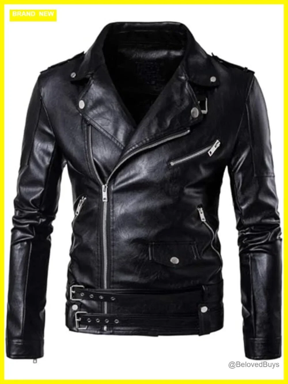 PU Leather Jacket Belted Faux Leather Motorcycle Zipper Biker Coat